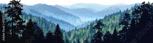 Fototapeta Misty mountain range with dense forests