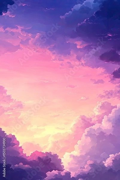 Fototapeta Sunset cloudscape, vibrant colors.  Detailed view of soft clouds, various shades of pink, purple, and yellow