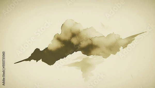 Fototapeta Abstract ink wash painting of a cloud-like shape, with muted olive-brown tones on a light beige background.  Brushstrokes create a dynamic form