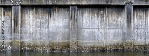 Fototapeta Gray concrete retaining wall along a waterway.  Waterline visible at the base