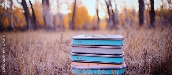 Fototapeta Stacked teal and gray containers in a field