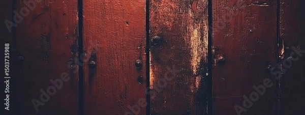 Fototapeta Aged wooden planks with dark reddish-brown tones, showing signs of wear and age, featuring vertical grain and fasteners