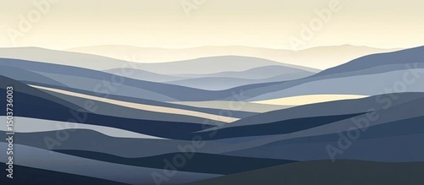 Fototapeta Misty mountain range, layered in shades of blue and light beige, creating a serene landscape of rolling hills