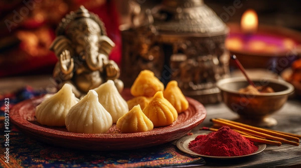Obraz Close-up of modak, coconut and incense sticks offered in front of Ganesha idol, holy plate with vermilion and turmeric, Ai generated images