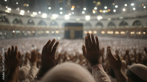 Obraz Pilgrims raising hands in prayer facing Kaaba, Close-up of Muslim pilgrims raising hands in supplication while facing the Kaaba, Ai generated images