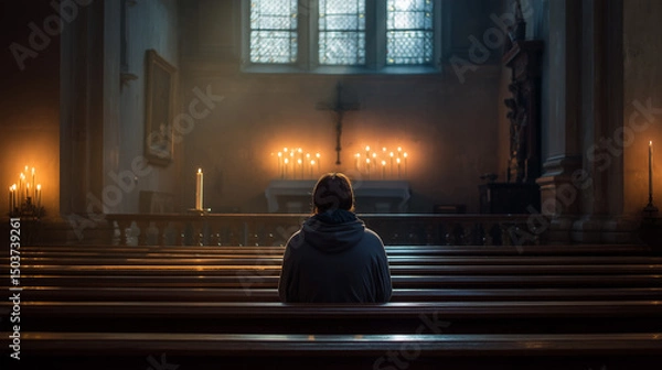 Obraz Private prayer in a quiet church pew, A person in quiet prayer, sitting on a pew in an empty church, candles lit on the altar, Ai generated images