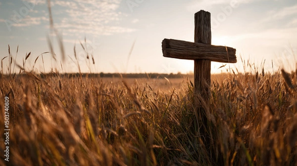Obraz Wooden cross in a wheat field at sunset, A weathered wooden cross standing in the middle of a golden wheat field at sunset, Ai generated images