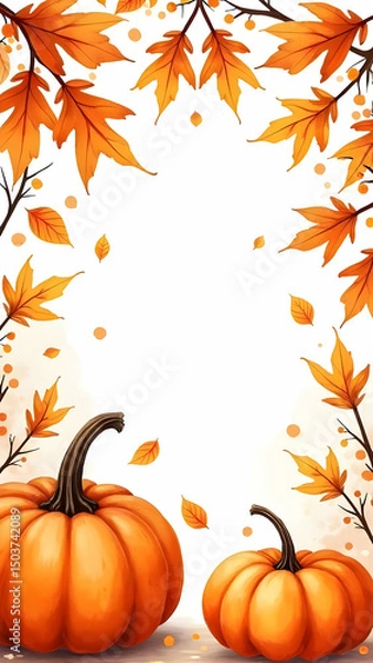 Obraz Autumn Season Pumpkins and Falling Leaves Watercolor Design Frame