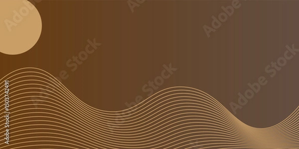 Fototapeta Vector abstract art landscape mountain with birds and sunrise sunset by golden line art texture isolated on dark grey black background. Minimal luxury style for wallpaper, wall art decoration.