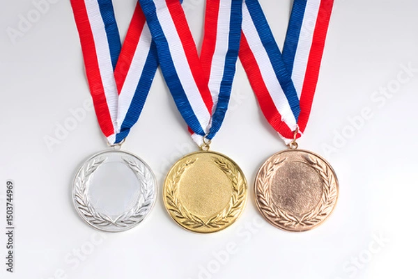 Fototapeta Three unique medals showcasing various achievements, beautifully isolated against a crisp white background.