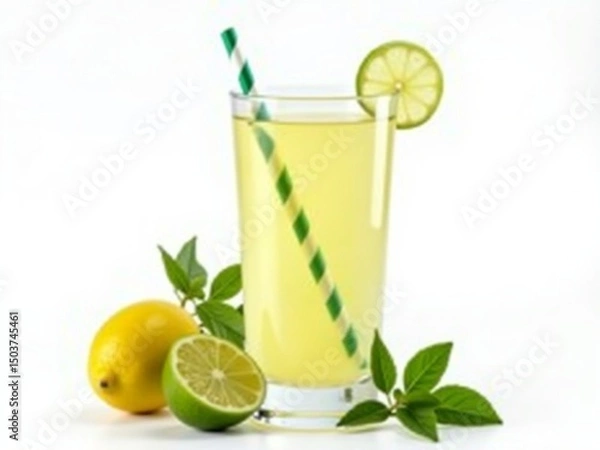 Fototapeta A glass of fresh lemonade in a tall clear glass with a green and white striped straw, surrounded by lime slices, lemon halves, and green leaves. White background, realistic photographic style, high re