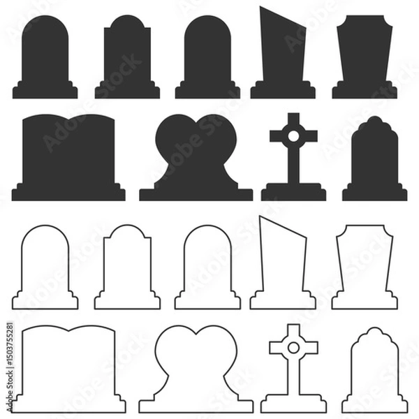 Fototapeta Set of tombstone icons in silhouette and outline style. Includes various gravestone shapes for cemetery, Halloween, or memorial design. Vector collection of headstone and grave icon silhouettes and