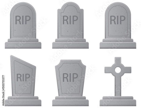 Fototapeta Collection of various gravestone icons with RIP inscriptions. Vector illustration in a 3d style, suitable for funeral, cemetery, or Halloween designs. Ideal for death, grief, or memorial-related
