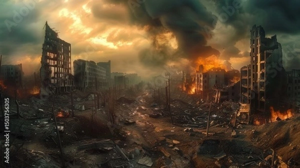 Obraz The desolate landscape of a city ravaged by war, with smoke billowing from burning structures.