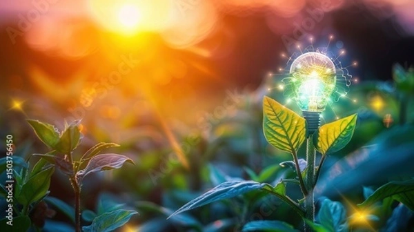 Obraz A lightbulb grows on a plant, symbolizing innovative ideas and sustainable energy.
