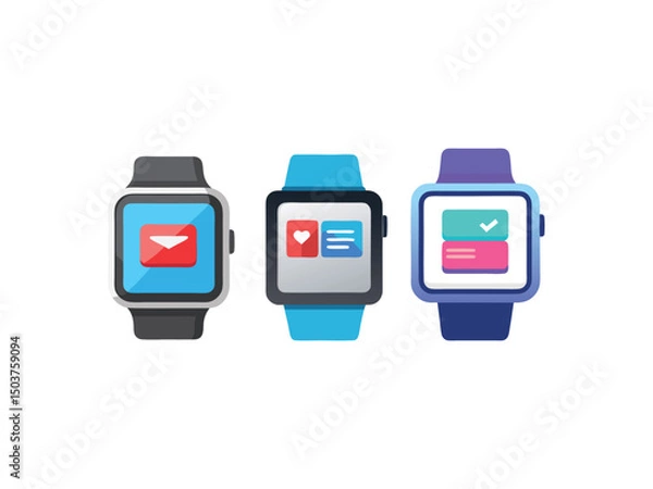 Fototapeta Three smartwatches with app icons isolated on white background
