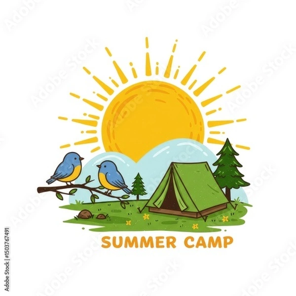 Fototapeta Summer camp banner with sun and birds.