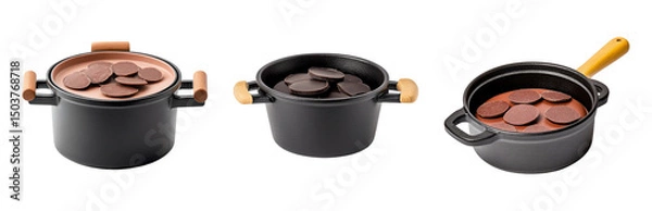 Obraz Isolated Cooking Pots with Chocolate Pieces on Transparent Background