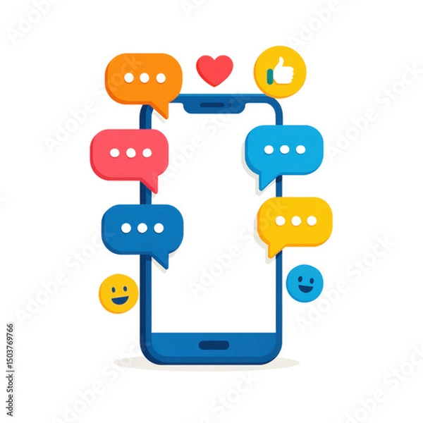 Obraz Smartphone with colorful chat bubbles, vibrant text bubbles reflecting communication, perfect for social media themes. Isolated on white background or PNG