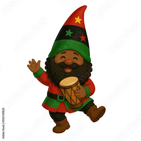 Obraz Cheerful garden gnome, whimsical bearded figure in vibrant attire playing a drum, ideal for festive outdoor decor. Isolated on white background or PNG