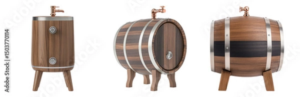 Obraz Three Unique Wooden Barrels with Copper Faucets on Transparent Background