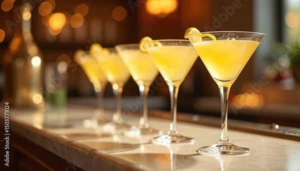 Fototapeta Lemon drop martinis on marble bar. Cocktails with lemon peel garnish on countertop. Evening party event, night life with bright lights. Alcoholic beverages ready to drink.