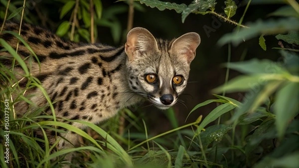 Fototapeta Genet in golden underbrush exploring its lush forest habitat at dusk Generative AI
