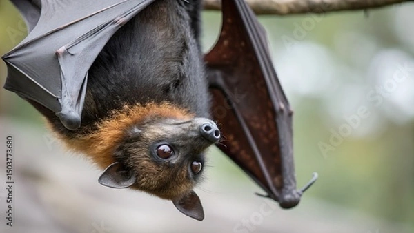 Fototapeta Close up of a flying fox hanging upside down in a serene natural setting Generative AI
