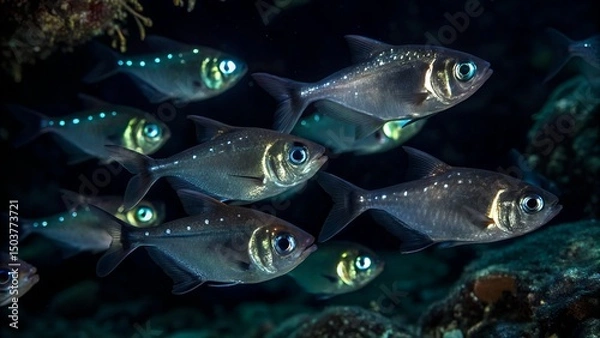 Fototapeta Shimmering shoal of flashlight fish glows in the ocean's mysterious depths Generative AI