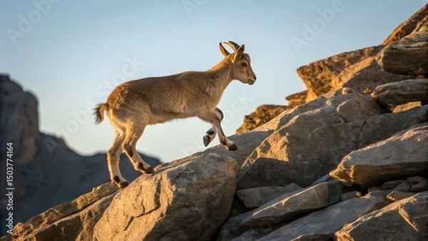 Fototapeta Markhor kid leaps gracefully among towering mountain rocks at sunset Generative AI