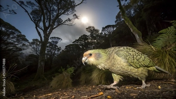 Fototapeta Kakapo parrot explores the forest floor under the moonlight Generative AI
