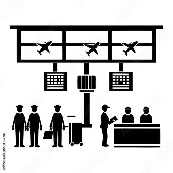 Fototapeta Airport scene with passengers and staff, risk management concept in travel setting