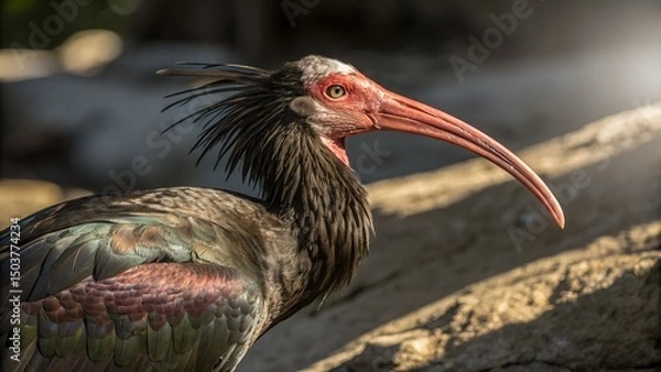 Fototapeta Majestic waldrapp ibis with striking dark feathers in natural habitat Generative AI