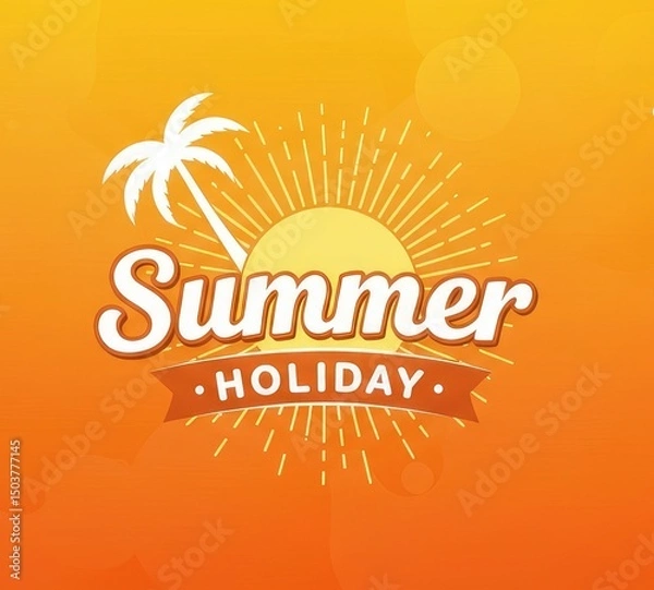Fototapeta Summer holidays template featuring modern typography, a sun, and a palm tree against an orange and yellow background for summertime.