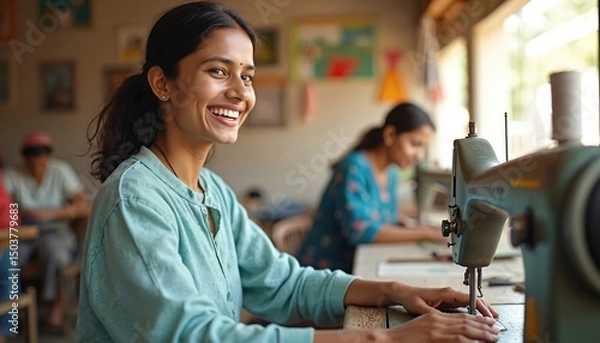 Fototapeta Smiling Indian woman works on sewing machine. Female tailor at work in workshop, creating clothes. Handmade production, garment industry. Positive expression, small business in village, dressmaking