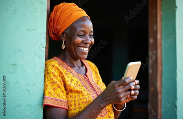 Obraz Smiling elderly african woman uses smartphone. Happy senior female holds mobile phone, checking social media app, chatting. Positive lifestyle, communication in modern tech world.