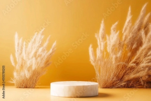 Fototapeta Autumn yellow pedestal and stand mock up with pampas grass on brown or yellow background, copy space,
