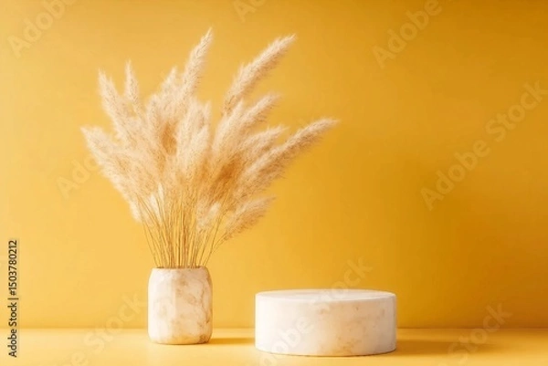 Fototapeta Autumn yellow pedestal and stand mock up with pampas grass on brown or yellow background, copy space,