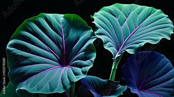 Fototapeta Tropical leaves display rich green colors and detailed vein structures, set against a dark backdrop, emphasizing their natural beauty and unique textures