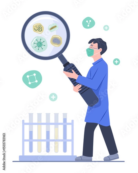 Fototapeta Male Scientist Uses Big Magnifying Glass to Find Bacteria, Virus and Microbe for Virology and Scientific Experiment Concept Illustration