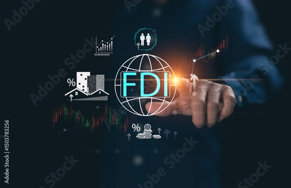 Fototapeta Direct investment from foreign investors, manufacturing sector, export of factory products, investment in assets, strategic planning to attract money to adjust the balance within the country.