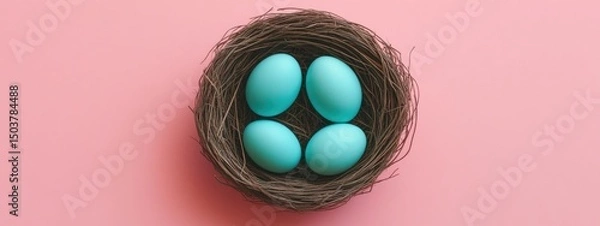Fototapeta Four teal eggs nestled in a bird's nest on a pink background