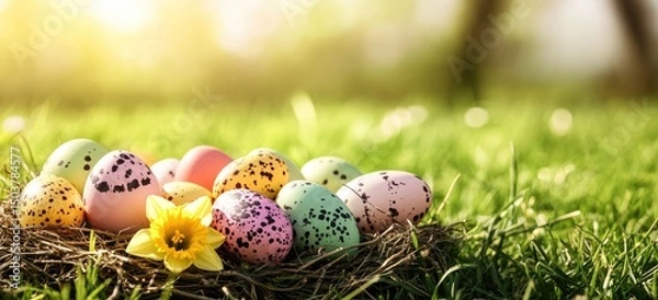 Fototapeta Colorful Easter eggs in a nest, springtime scene