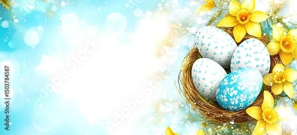 Fototapeta Easter eggs in a nest with flowers