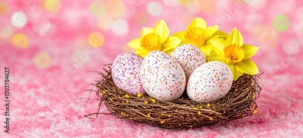Fototapeta Colorful Easter eggs in a nest, with daffodils