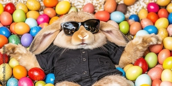 Fototapeta Relaxed bunny in sunglasses surrounded by colorful Easter eggs