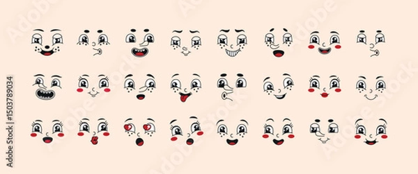 Obraz Groovy retro cartoon character faces. Funky comic psychedelic mascot elements, different emotions, happy, sad, surprised faces. 60s, 70s, 80s hippie vector illustration set.