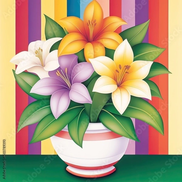 Fototapeta Vibrant lily bouquet in a patterned pot