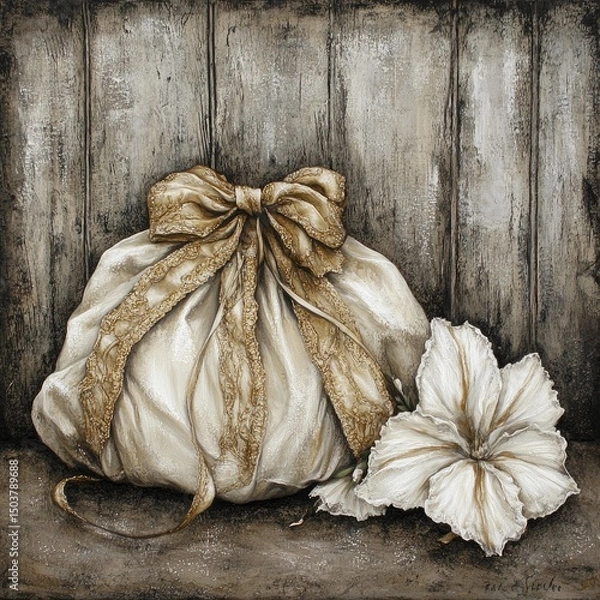 Fototapeta Cream-colored bag with gold ribbon bow, beside a white flower, on a rustic wooden background