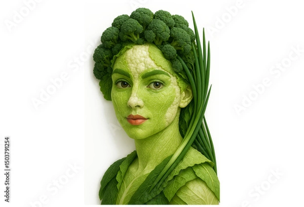 Obraz Creative Portrait of a Woman’s Face Made Entirely of Fresh Vegetables – Vegan Concept Art with Organic Elements and Neutral Background – Unique Food-Inspired Design
